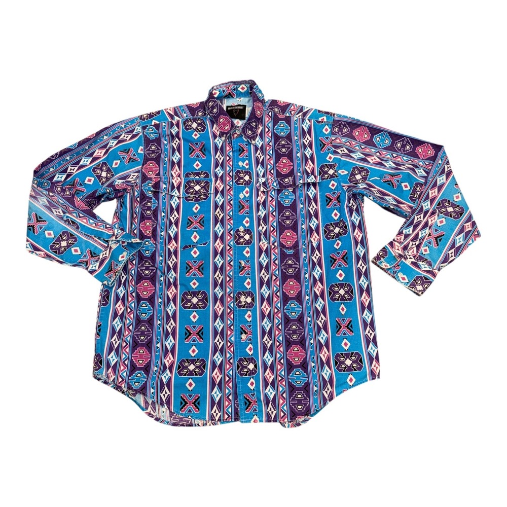 Frontier Series Mens Large Southwestern Geometric Western Button Down Shirt Blue